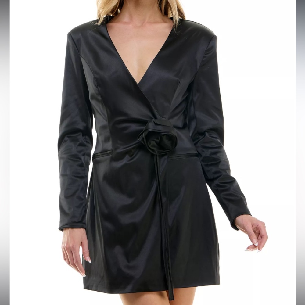 B Darlin Satin Rose Tie Front V-Neck Jacket Dress